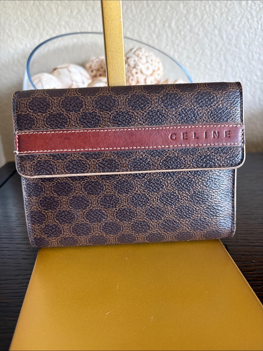 Celine Brown Monogram Canvas Men's Wallet with Burgundy Leather Stripe